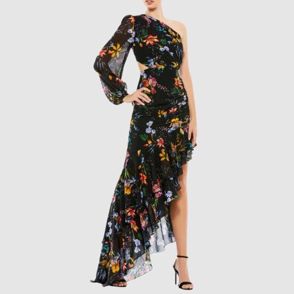 Mac‎ Duggal 55668 Size 2 Black Floral One Sleeve Cut Out Ruffled Maxi Dress Gown - Picture 3 of 5